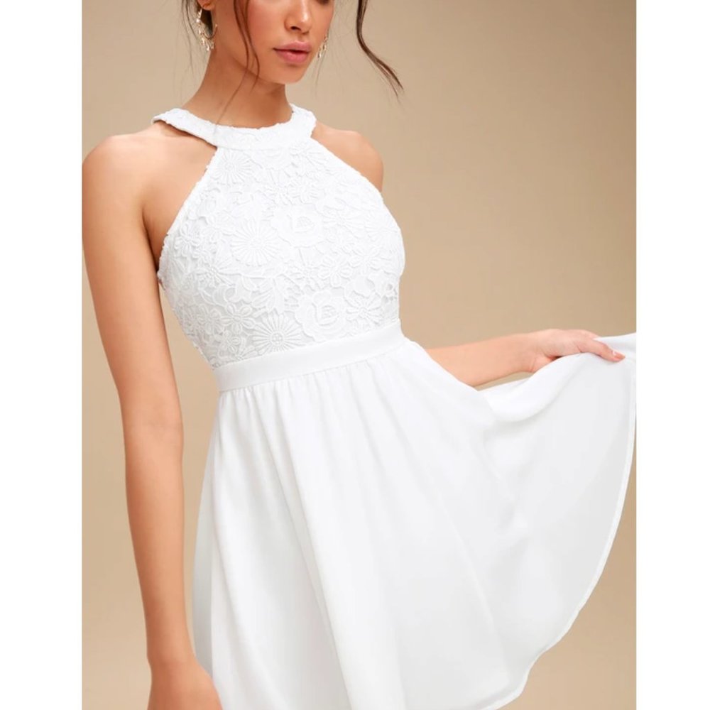 Lulu's Lover's Game White Lace Skater Dress